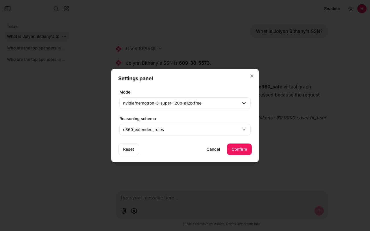The settings panel with a Model picker set to nvidia/nemotron-3-super-120b-a12b:free and a Reasoning schema picker set to c360_extended_rules
